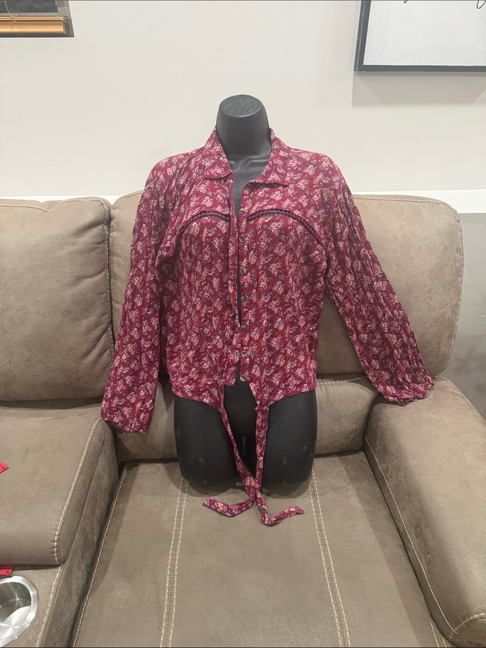 American Rag Floral Tie-Front Button-Up Top - Wine